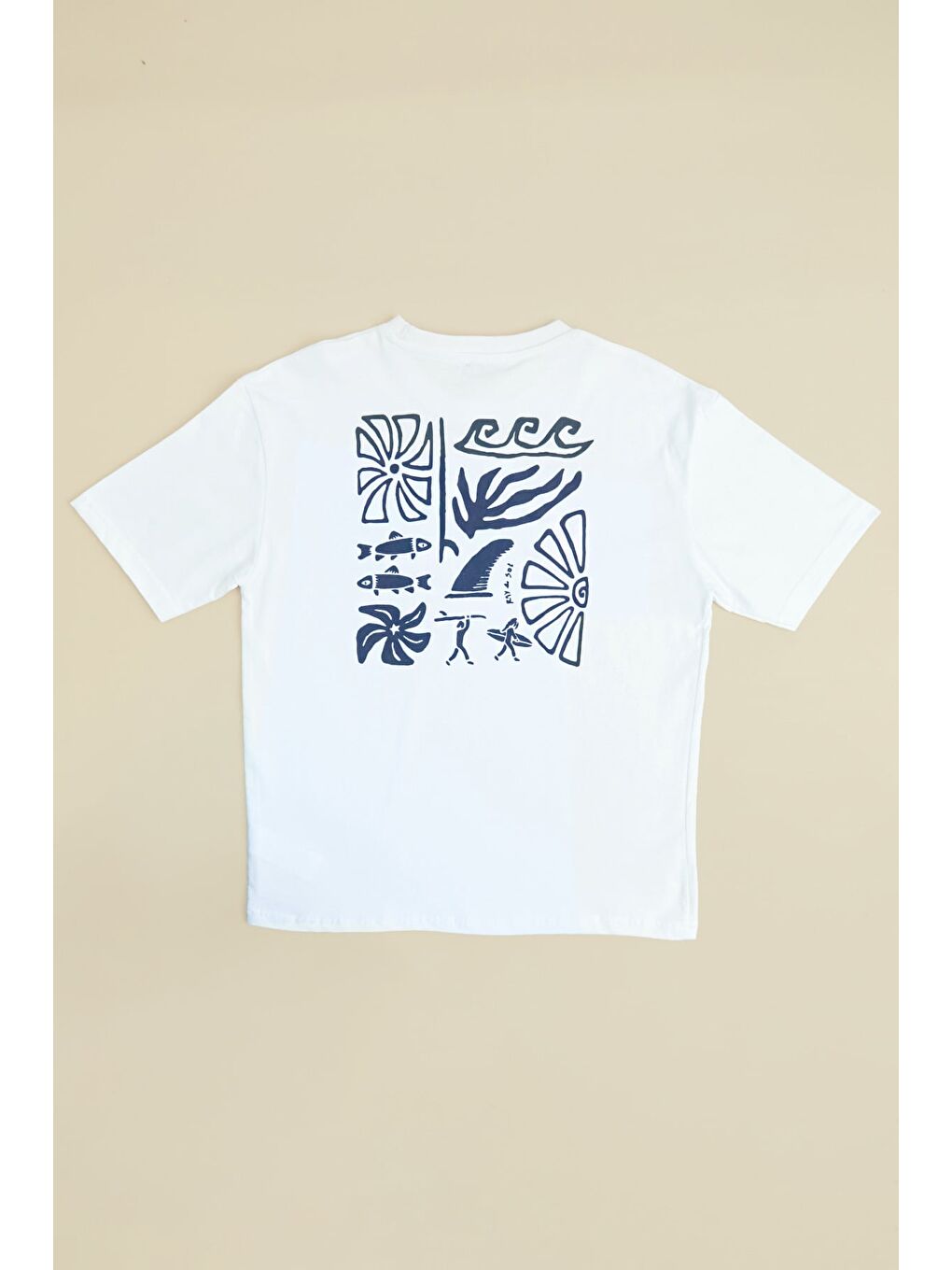 Beyaz Sörf Baskılı Bisiklet Yaka Erkek Çocuk Oversize Tişört-1