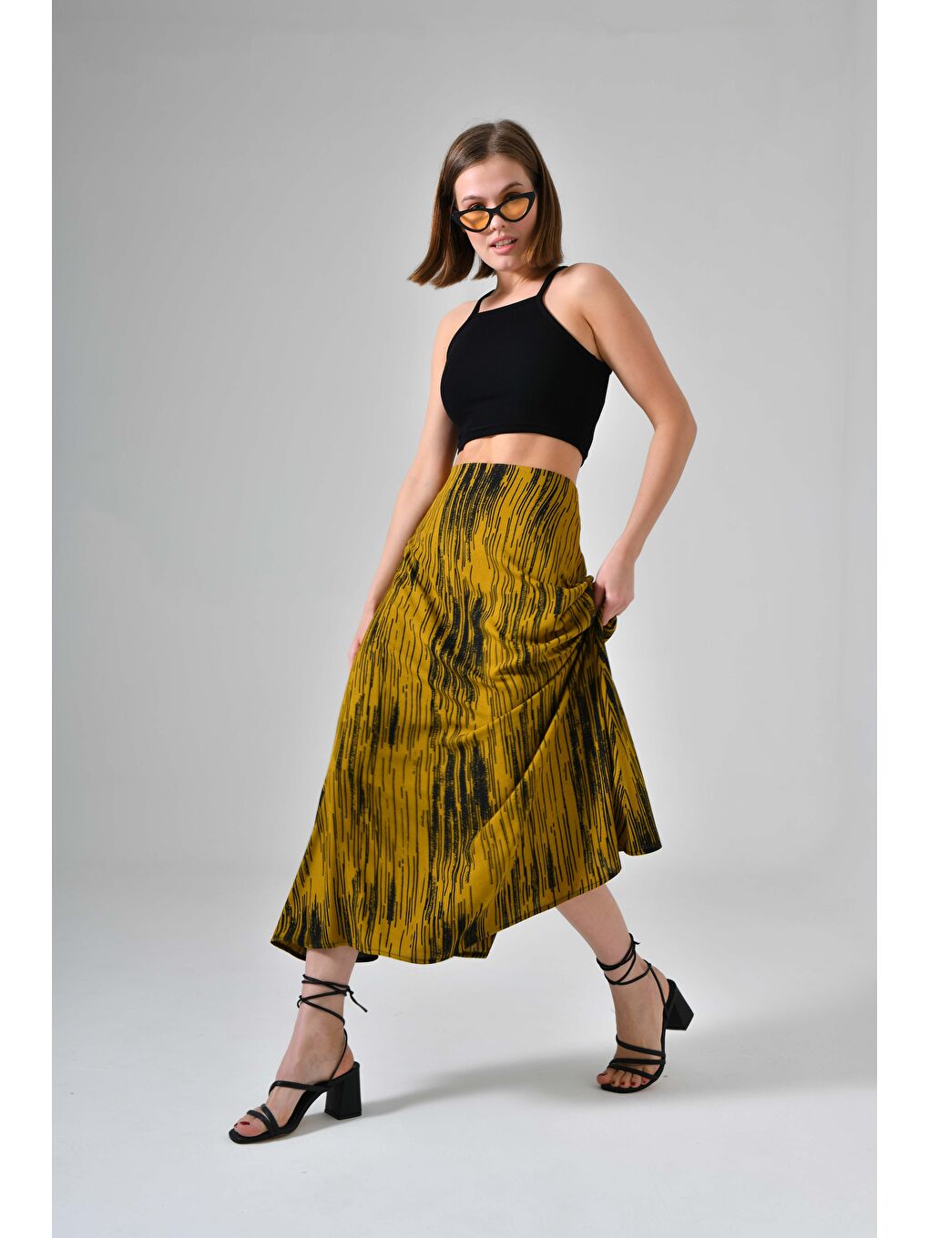 Yağ Yeşili Kadın A Kesim Normal Bel Çiçek Desenli Midi Dokuma Etek - Viskon-2