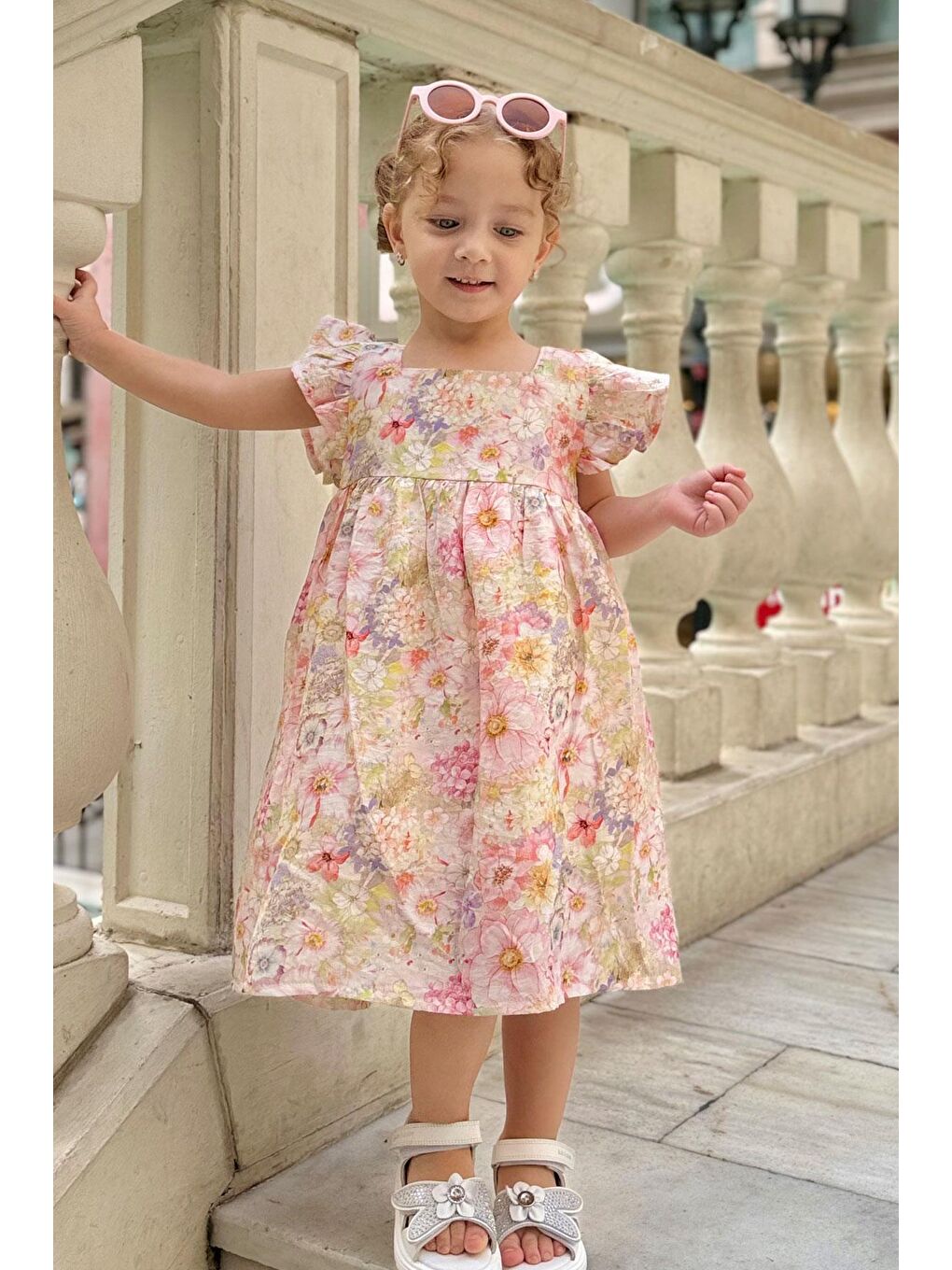 Kız Çocuk Elbise Saten Çiçek Desenli Arkası Fermuarlı Karışık Renk (3 Yaş)-1