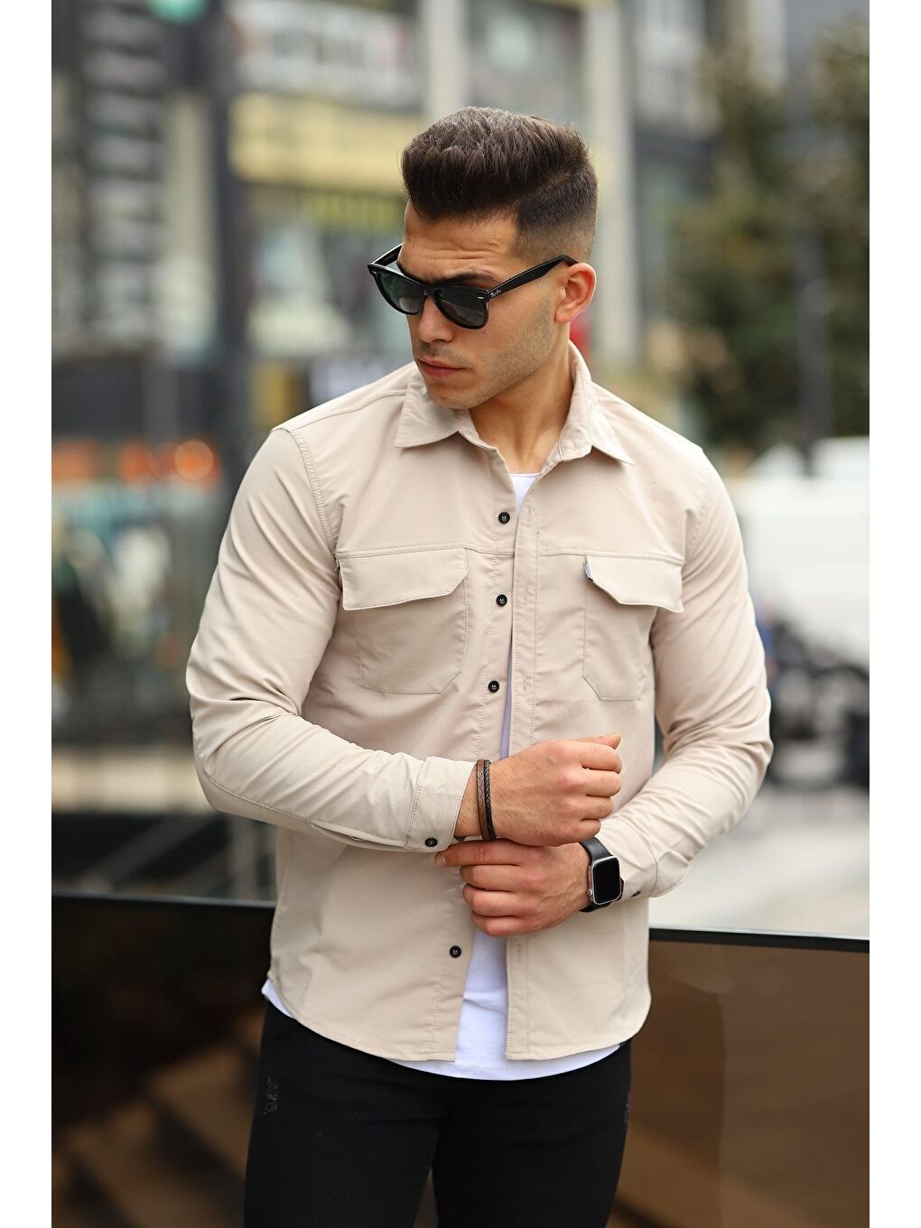 Bej Erkek Paraşüt Kumaş Rahat Kalıp Gömlek-2