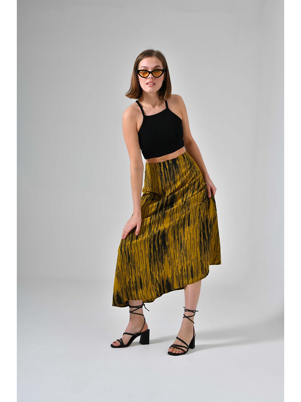 Yağ Yeşili Kadın A Kesim Normal Bel Çiçek Desenli Midi Dokuma Etek - Viskon-3