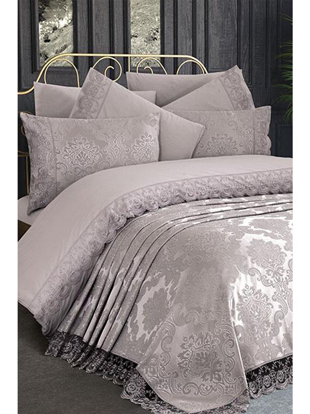 Fransız Dantelli Kure Gelin Seti 7 Parça Gri