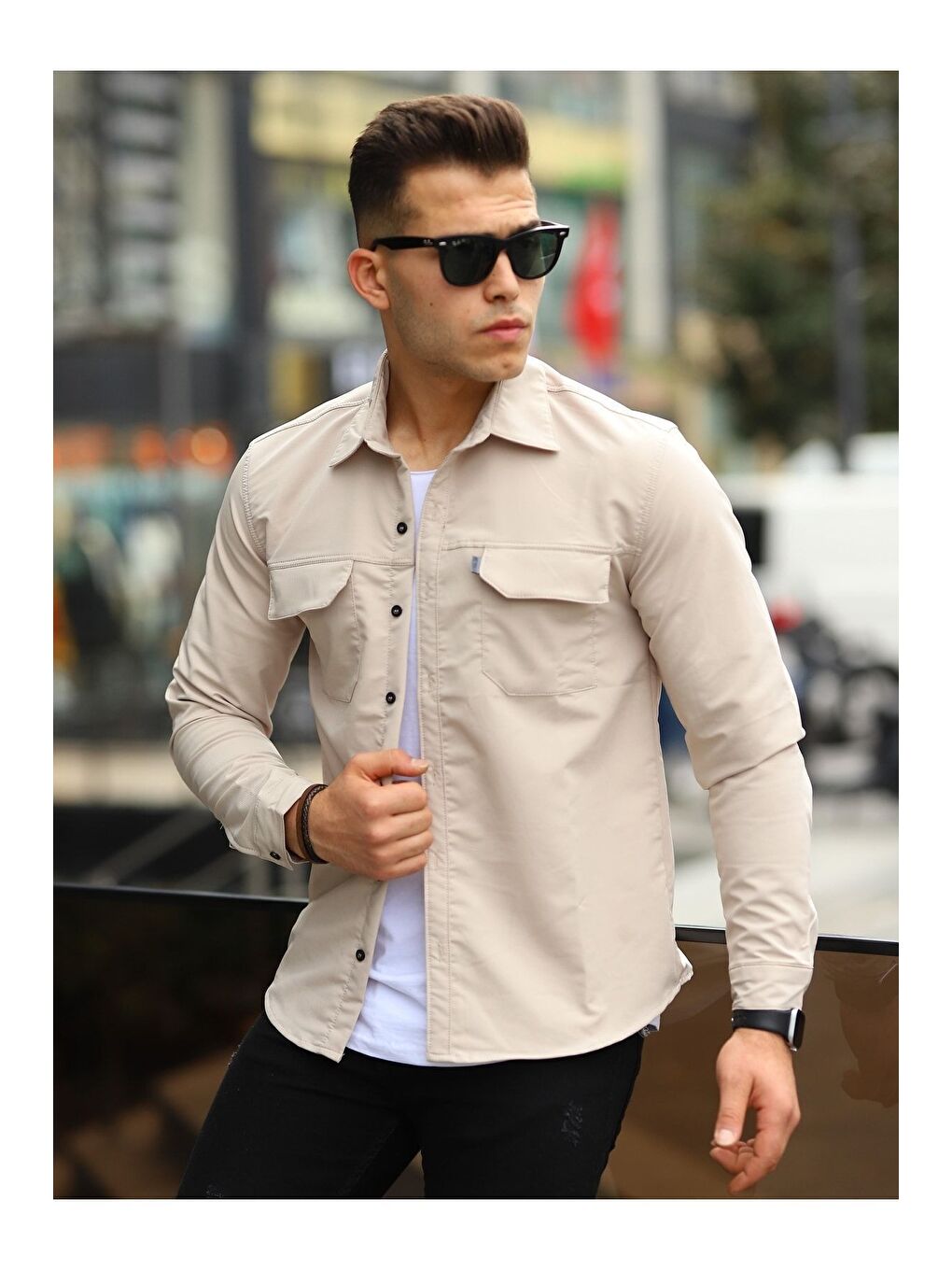 Bej Erkek Paraşüt Kumaş Rahat Kalıp Gömlek-3