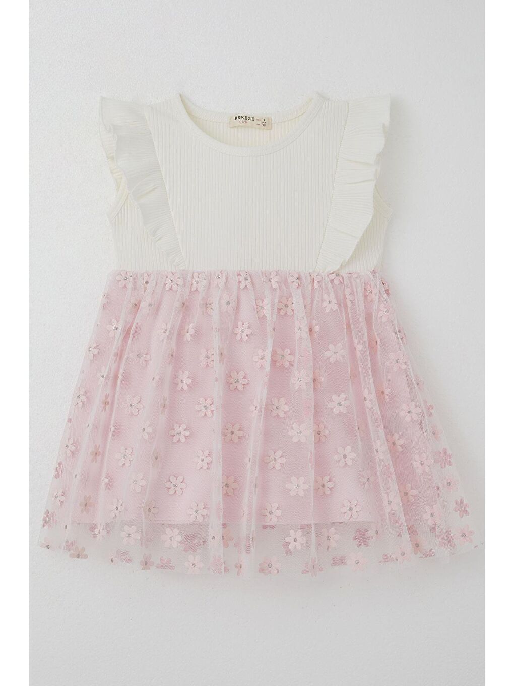 Kız Çocuk Elbise Eteği Çiçekli Tül Detaylı Ekru (3 Yaş)