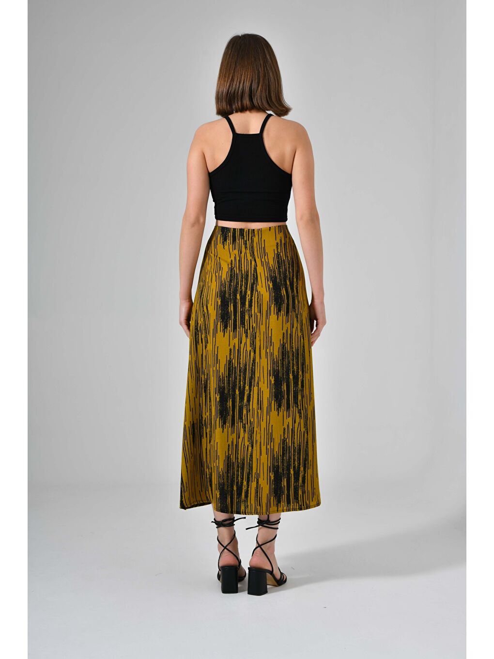 Yağ Yeşili Kadın A Kesim Normal Bel Çiçek Desenli Midi Dokuma Etek - Viskon-4