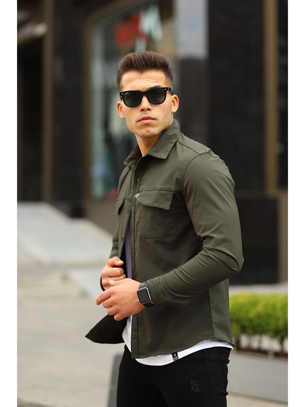 Haki Erkek Paraşüt Kumaş Rahat Kalıp Gömlek-1