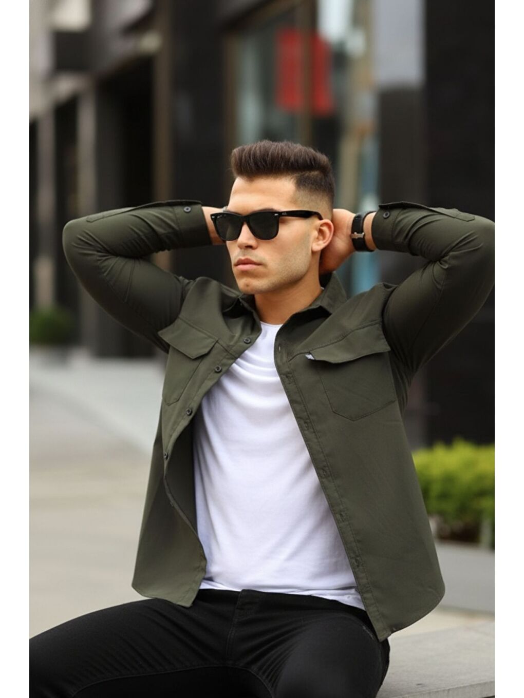 Haki Erkek Paraşüt Kumaş Rahat Kalıp Gömlek-2