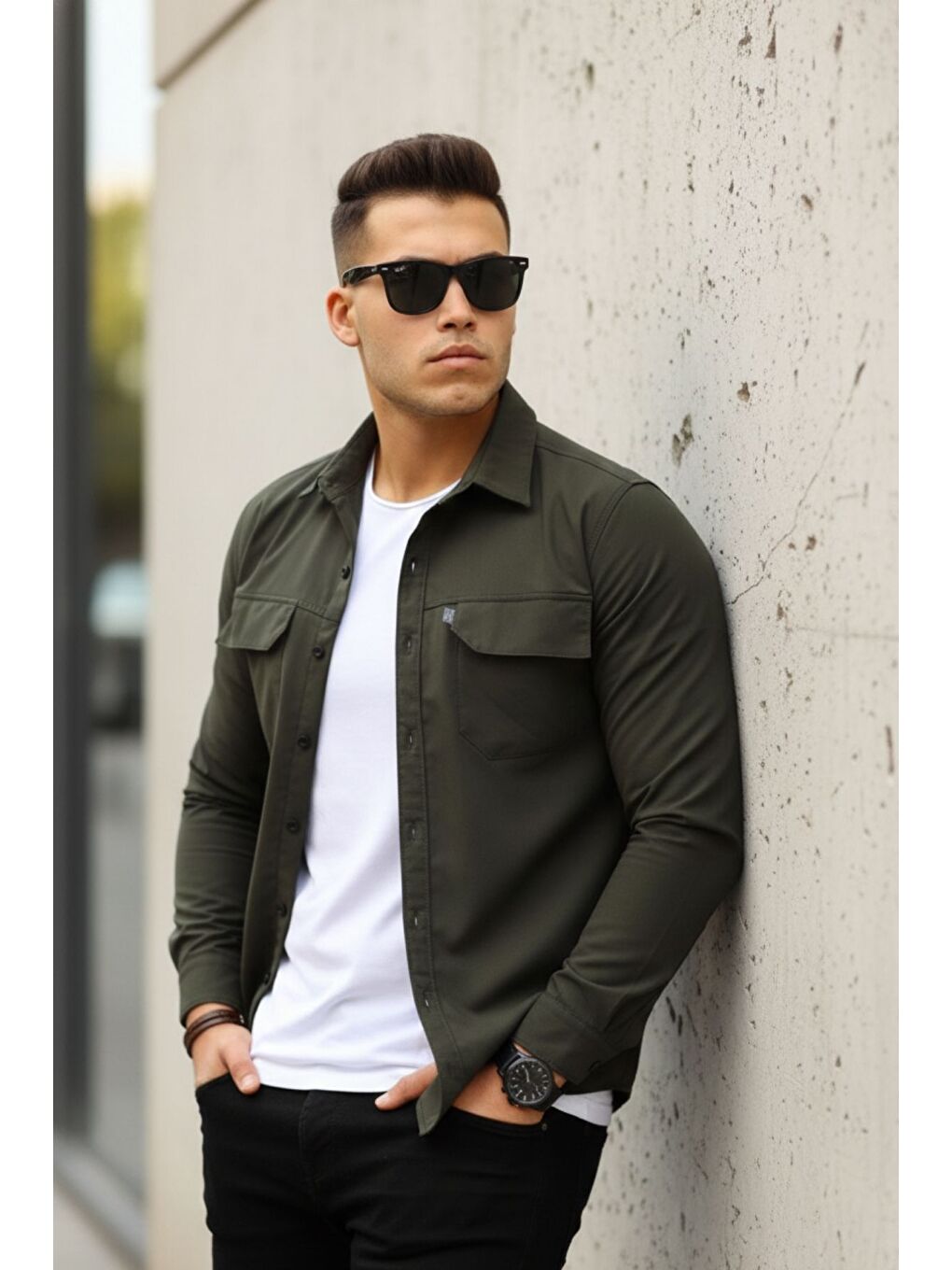 Haki Erkek Paraşüt Kumaş Rahat Kalıp Gömlek-3