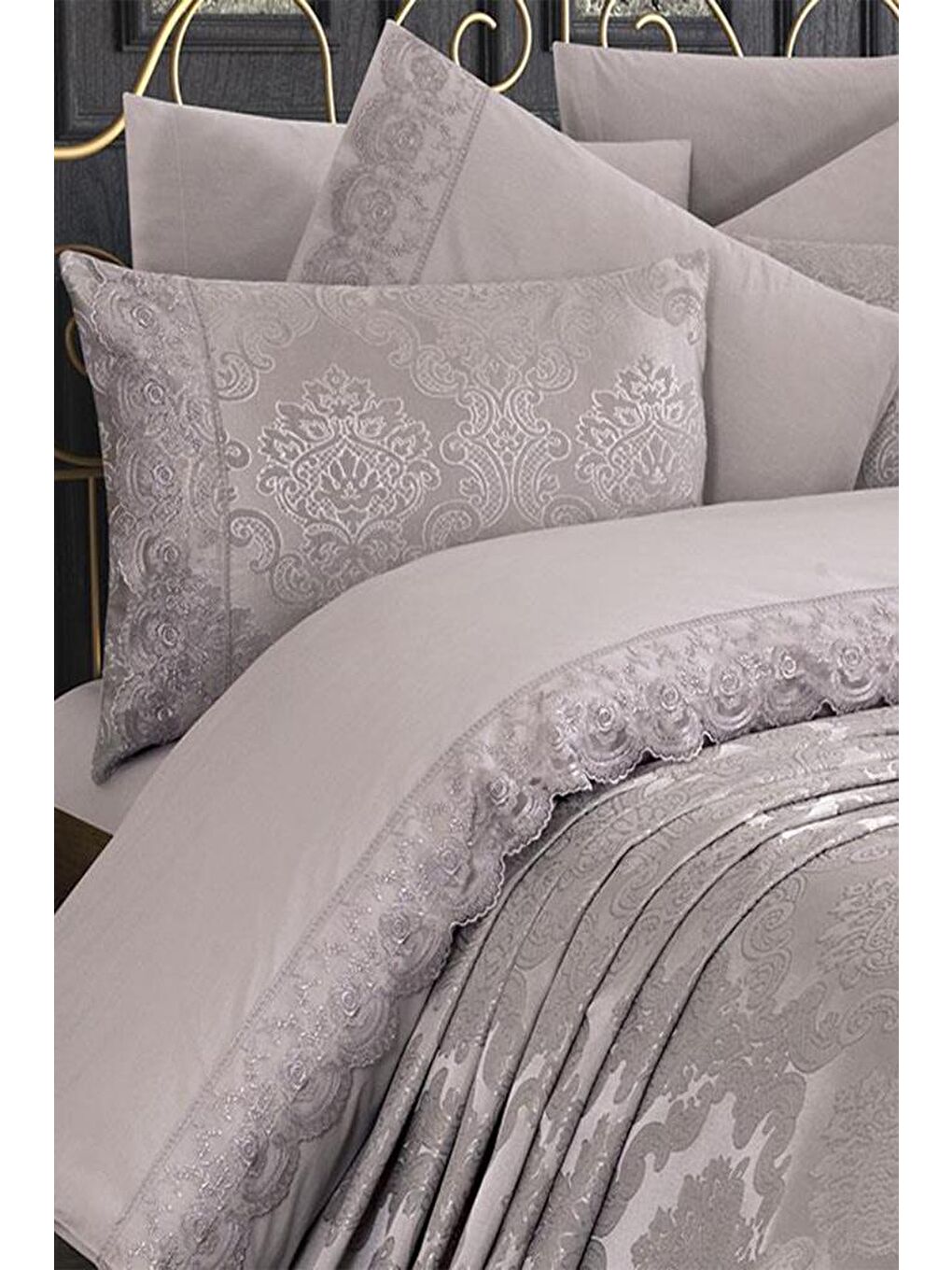 Fransız Dantelli Kure Gelin Seti 7 Parça Gri-2