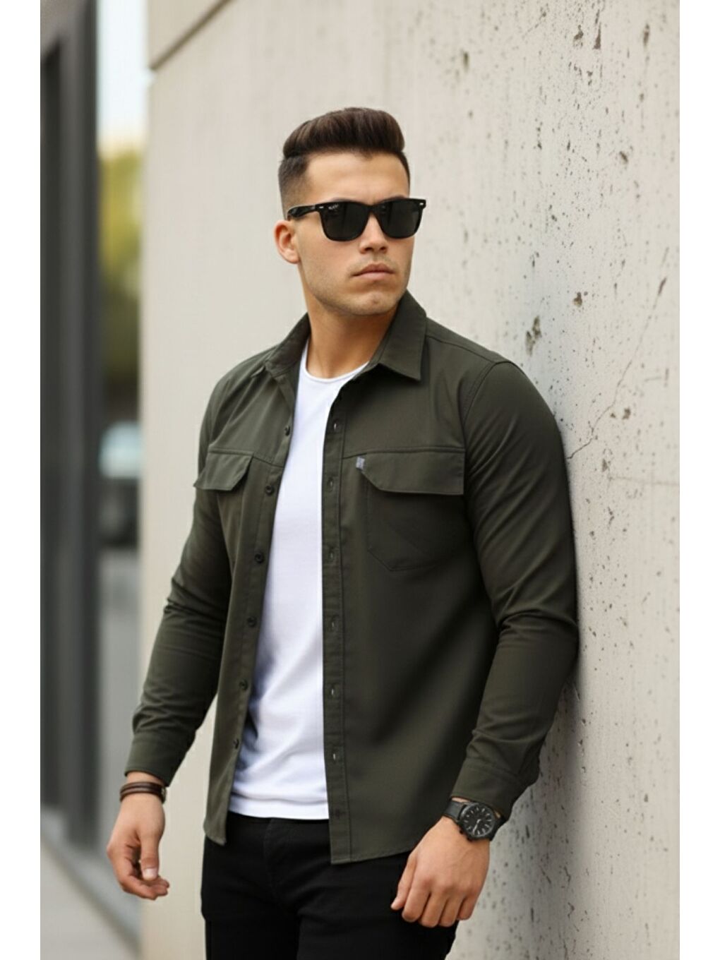 Haki Erkek Paraşüt Kumaş Rahat Kalıp Gömlek-4