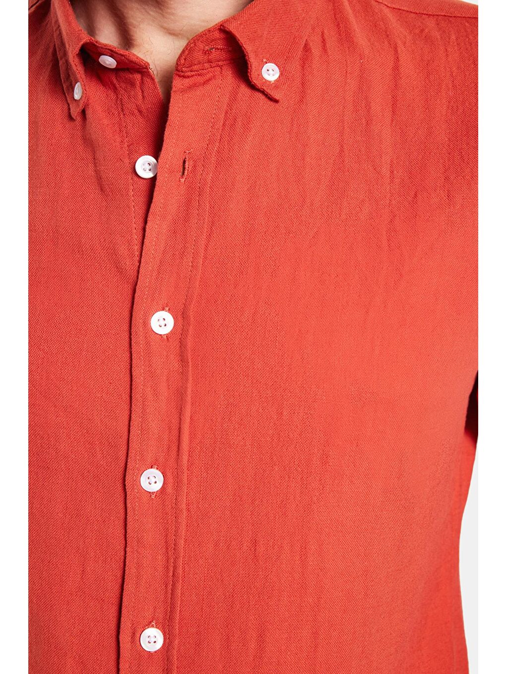 Kahverengi Erkek Slim Fit Dar Kesim %100 Pamuk Keten Doku Düğmeli Yaka Kiremit Gömlek-2