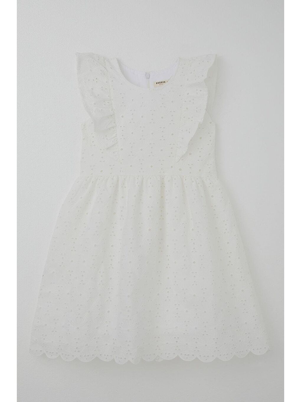 Kız Çocuk Elbise Çiçek Nakışlı Güpürlü Fırfır Detaylı Arkası Fermuarlı Ekru (7-12 Yaş)
