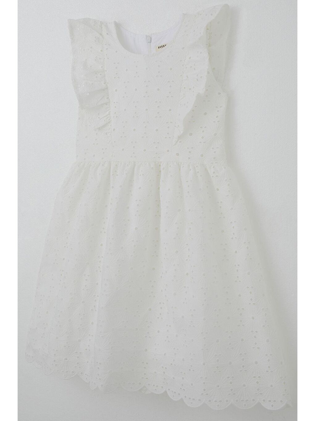 Kız Çocuk Elbise Çiçek Nakışlı Güpürlü Fırfır Detaylı Arkası Fermuarlı Ekru (7-12 Yaş)-2