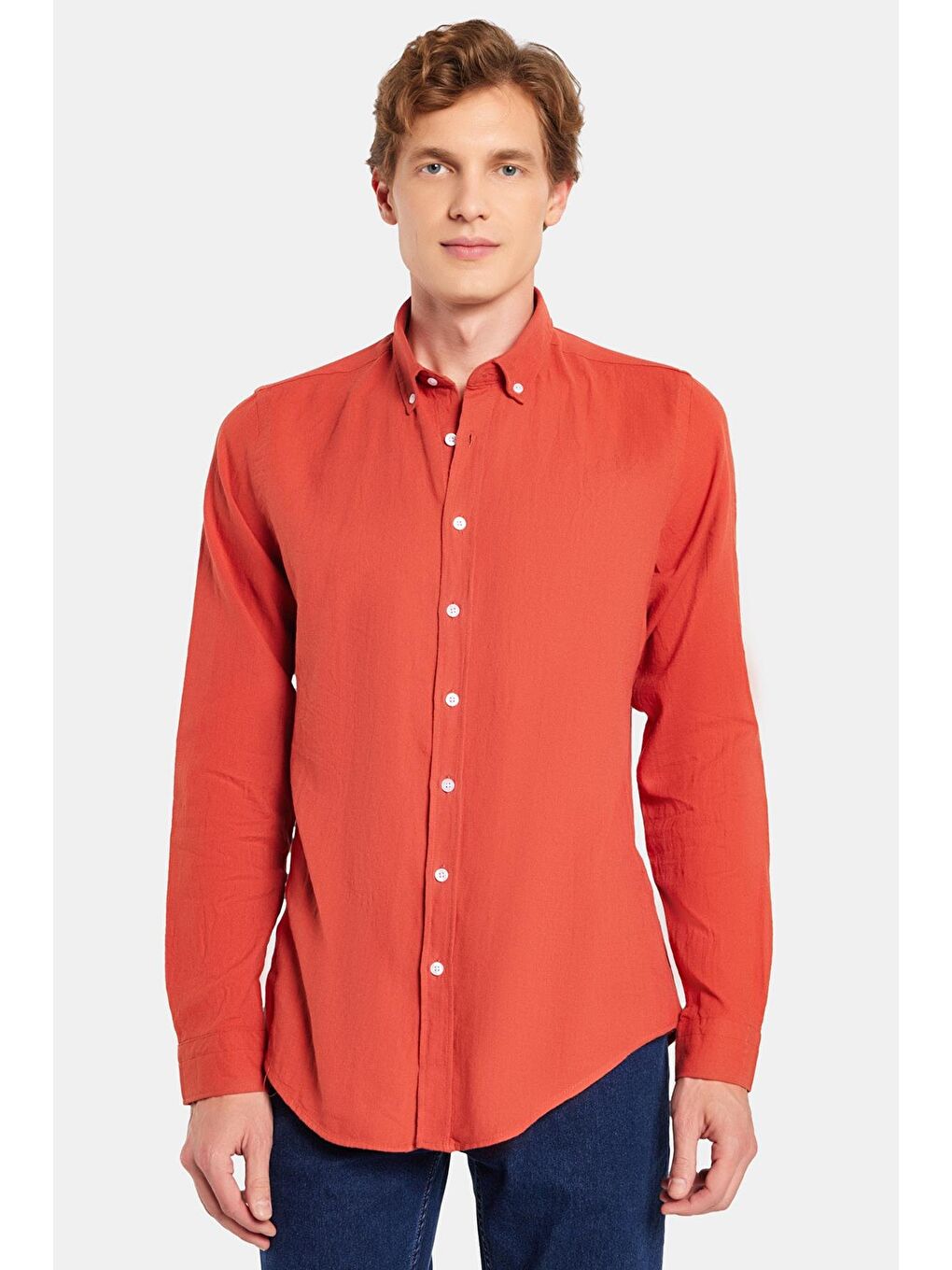 Kahverengi Erkek Slim Fit Dar Kesim %100 Pamuk Keten Doku Düğmeli Yaka Kiremit Gömlek-3