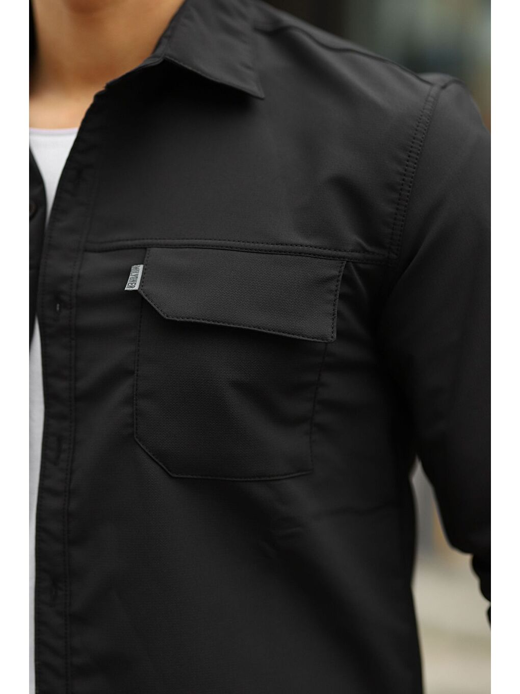 Siyah Erkek Paraşüt Kumaş Rahat Kalıp Gömlek-1