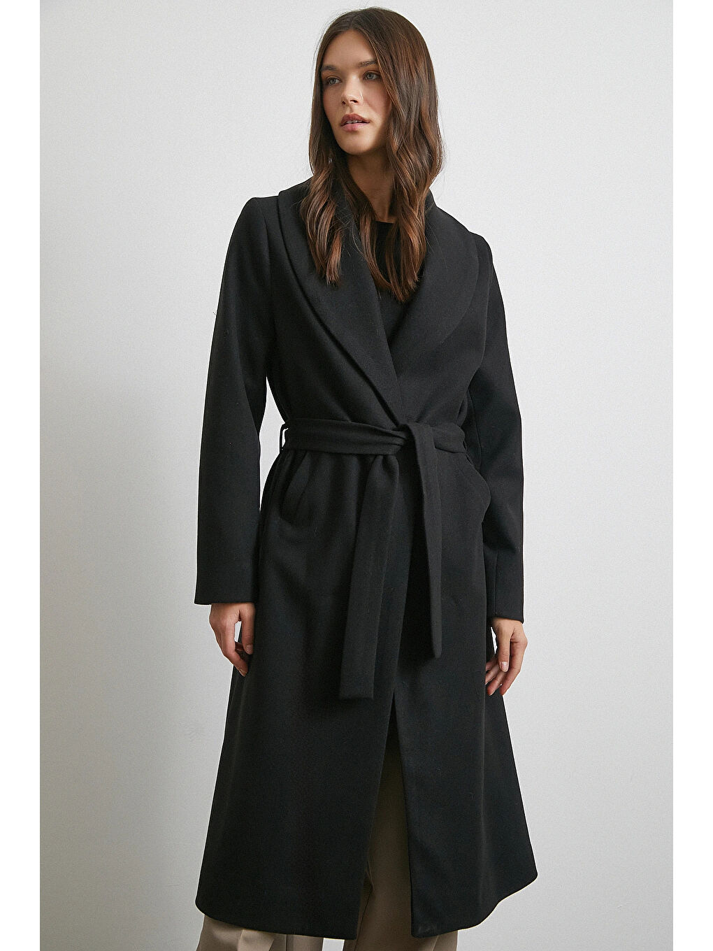 Kuşaklı Kaşe Kaban Siyah-3