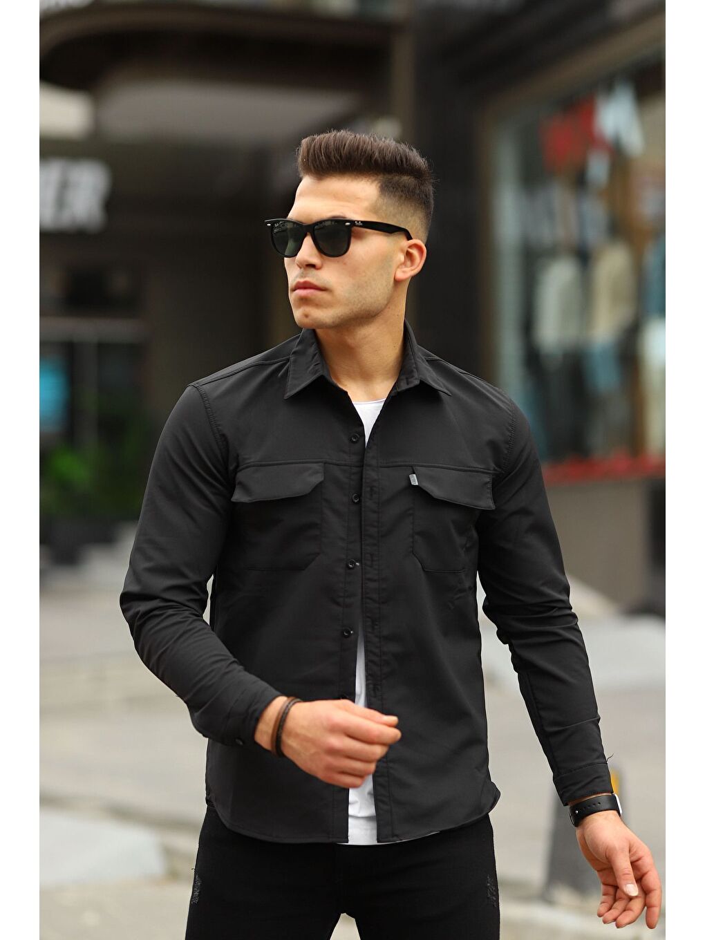 Siyah Erkek Paraşüt Kumaş Rahat Kalıp Gömlek-2