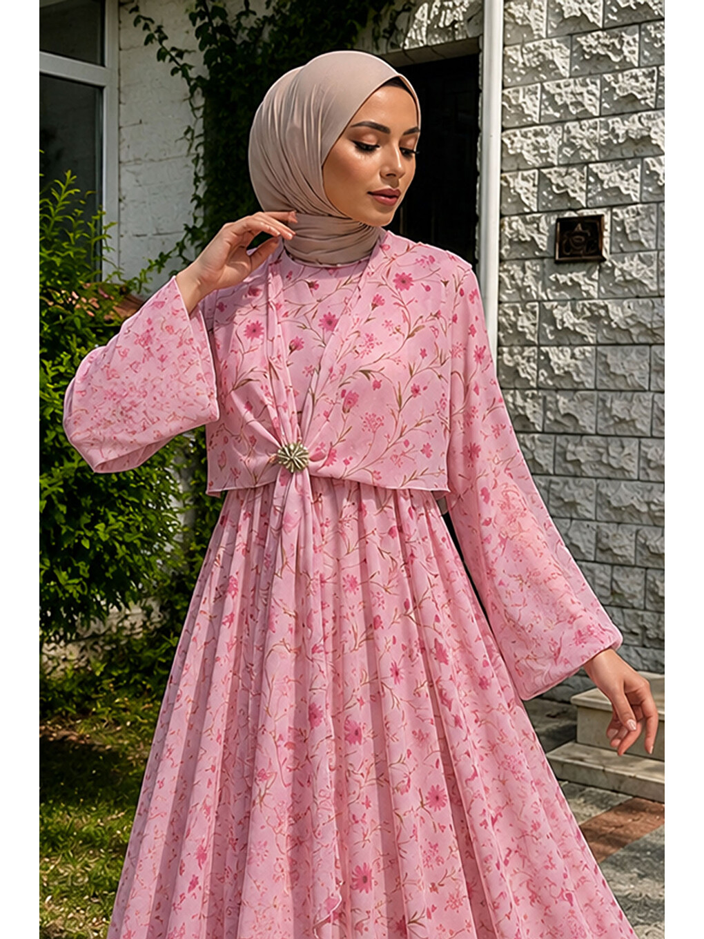 Çiçek Desenli Tokalı Şifon Elbise Tsd260256 Pembe-1