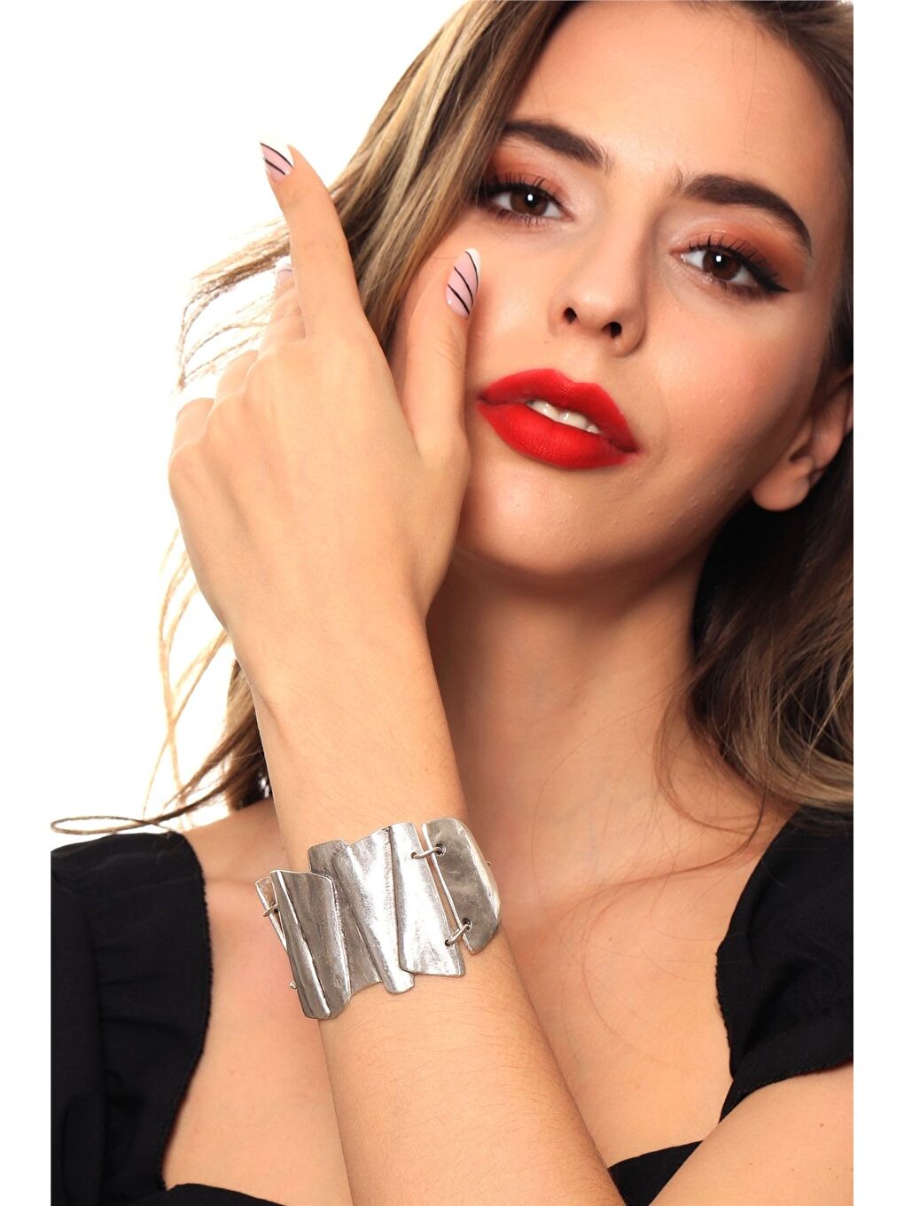 Gri Kadın Antik Gümüş Kaplama Ayarlanabilir Zincir Bağlantılı Bohem Bileklik-1