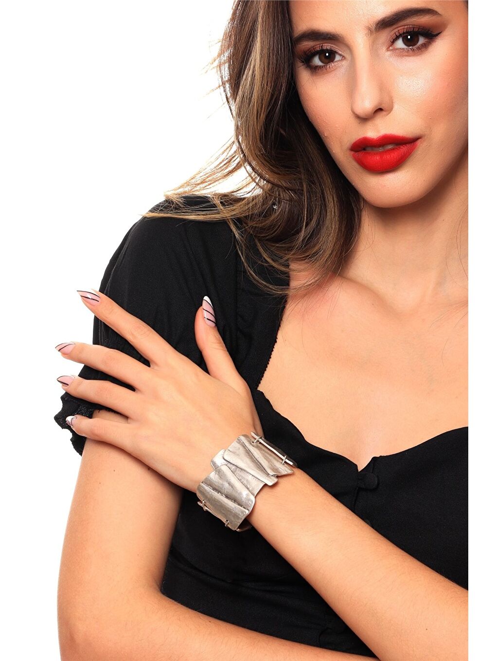 Gri Kadın Antik Gümüş Kaplama Ayarlanabilir Zincir Bağlantılı Bohem Bileklik-3