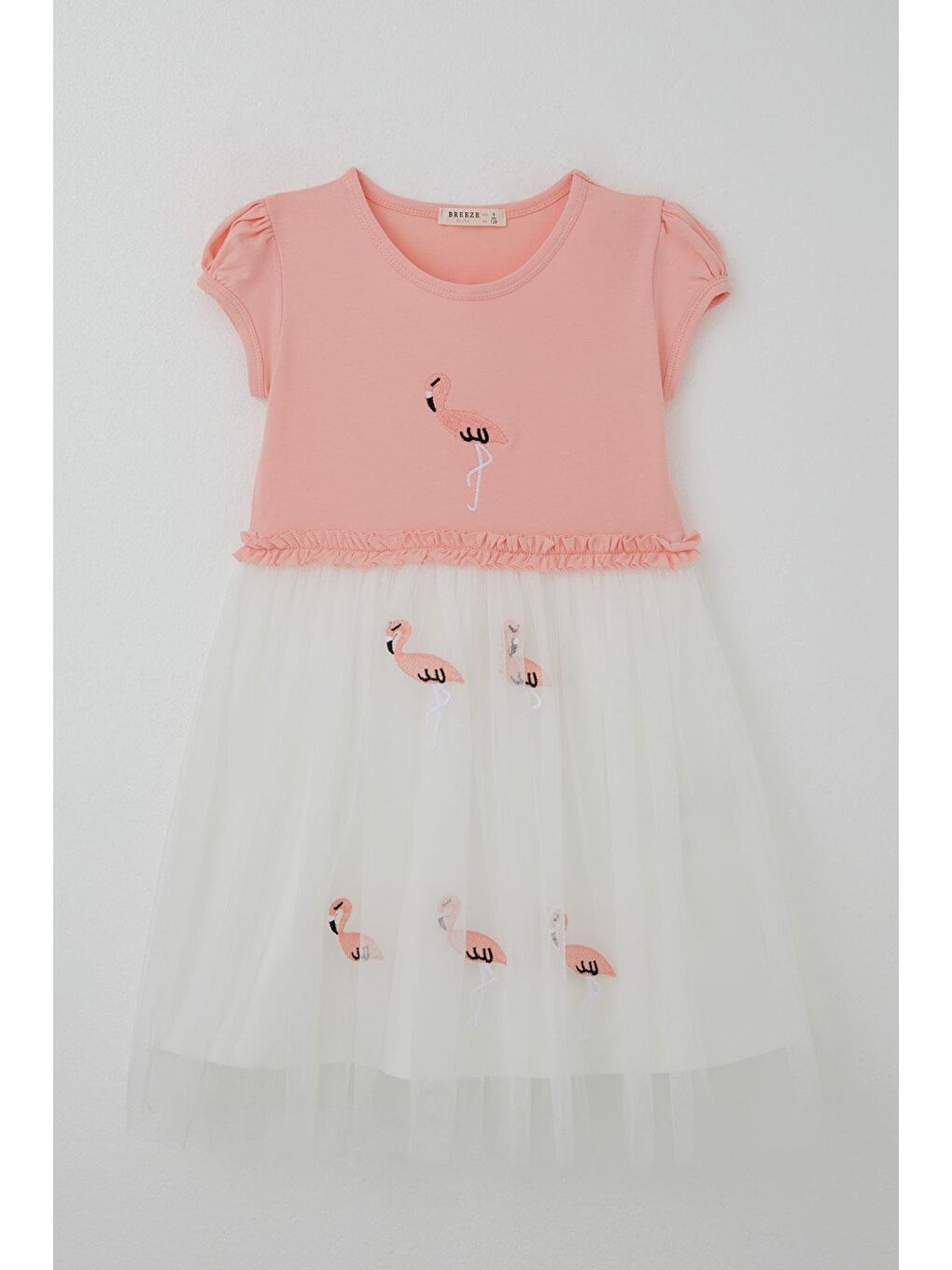Pembe Kız Çocuk Elbise Sevimli Flamingo Nakışlı Tüllü Somon (4-8 Yaş)