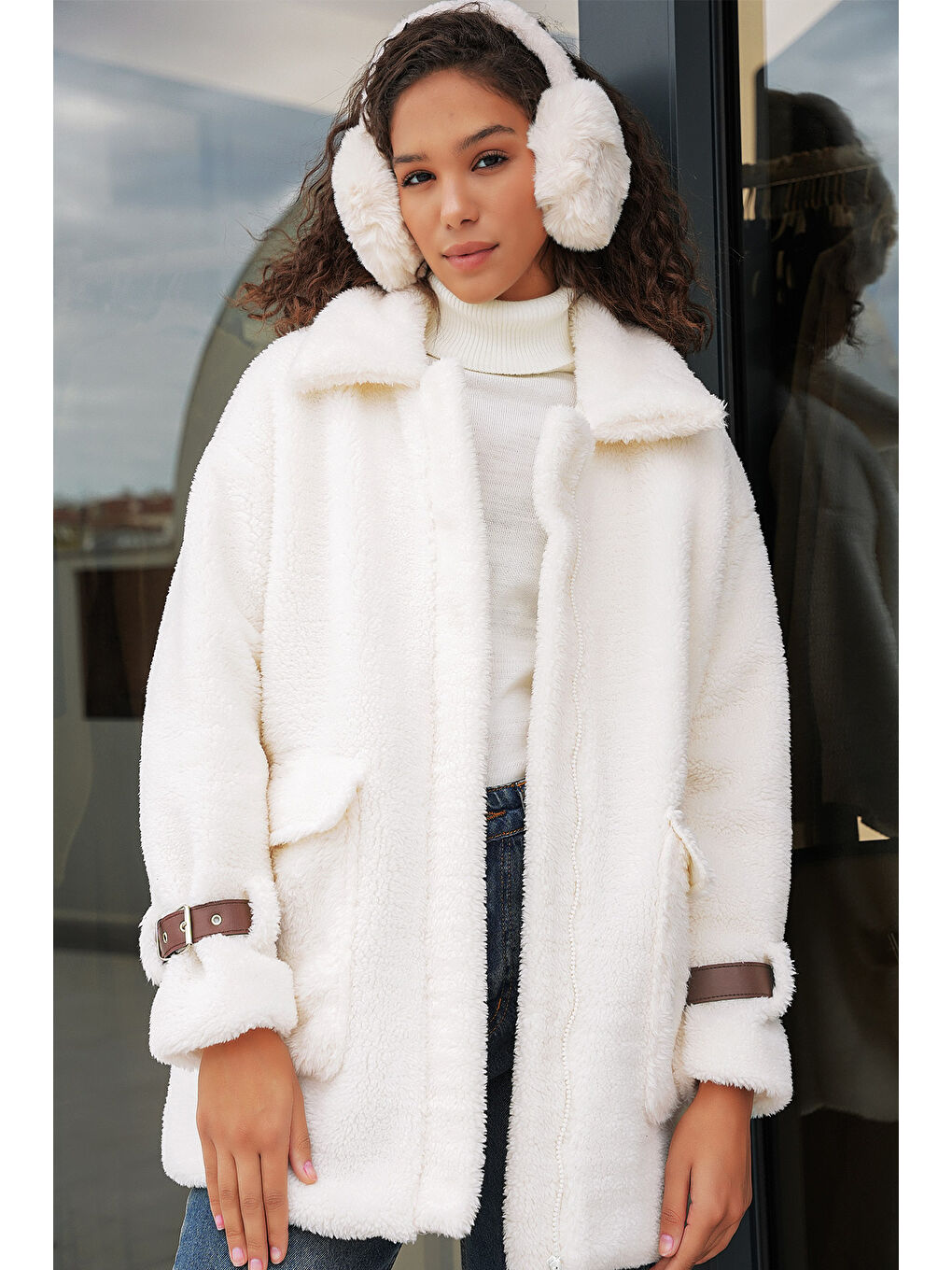 Kahverengi 5206 Kadın Oversize Pelüş Mont - Taba