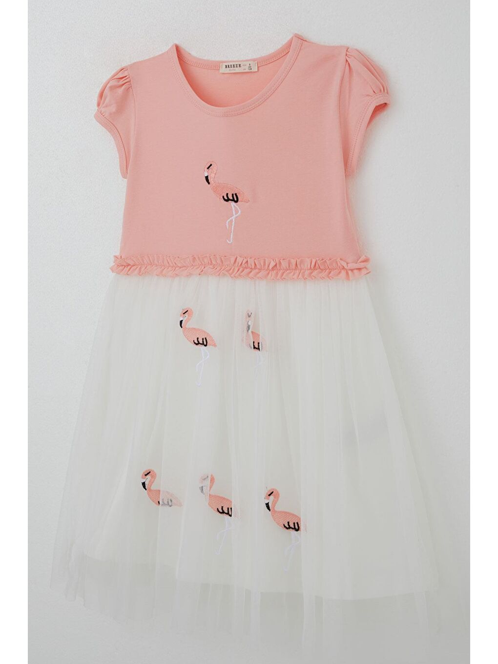 Pembe Kız Çocuk Elbise Sevimli Flamingo Nakışlı Tüllü Somon (4-8 Yaş)-2