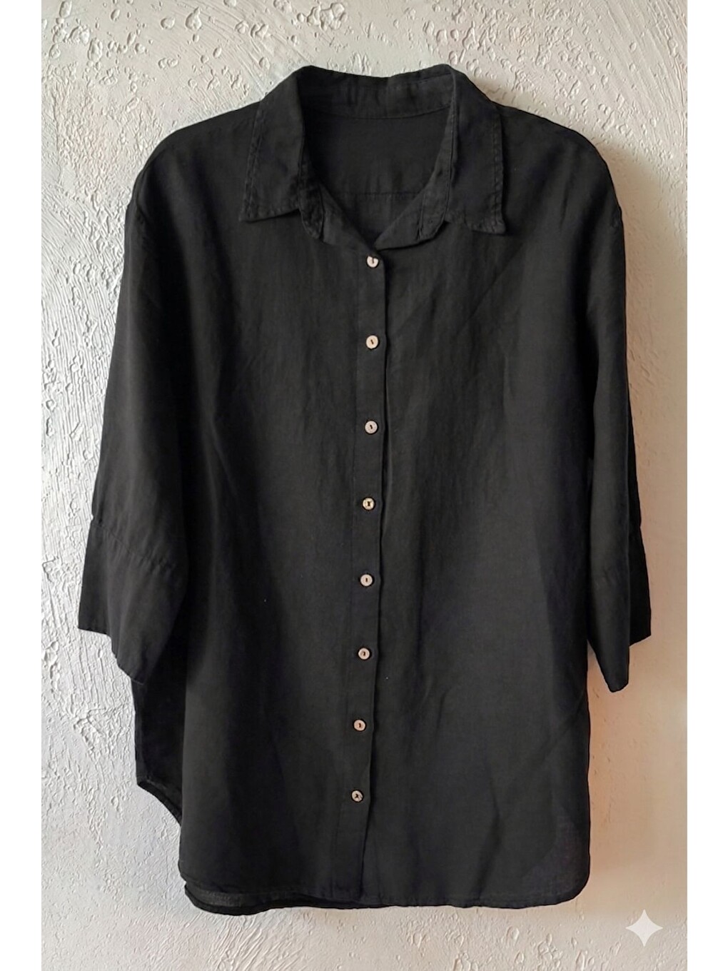 Siyah Gömlek Yaka 3/4 Kol Düğmeli Cepsiz Yıkamalı 100% Keten Oversize Dokuma Gömlek 75 63-1