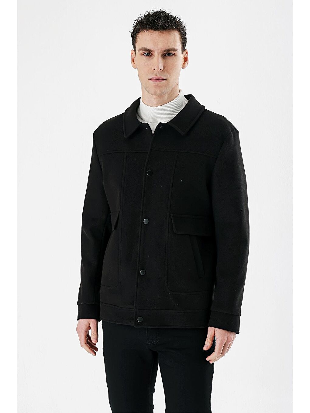 Siyah Kaşe Kolej Yaka Astarlı Slim Fit Dar Kesim Casual Mont 1007235172