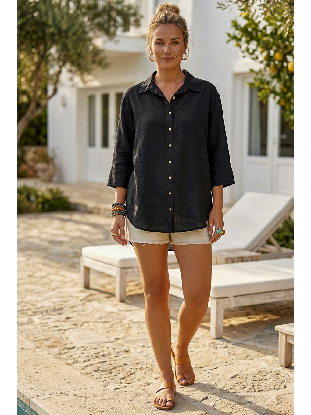 Siyah Gömlek Yaka 3/4 Kol Düğmeli Cepsiz Yıkamalı 100% Keten Oversize Dokuma Gömlek 75 63-2