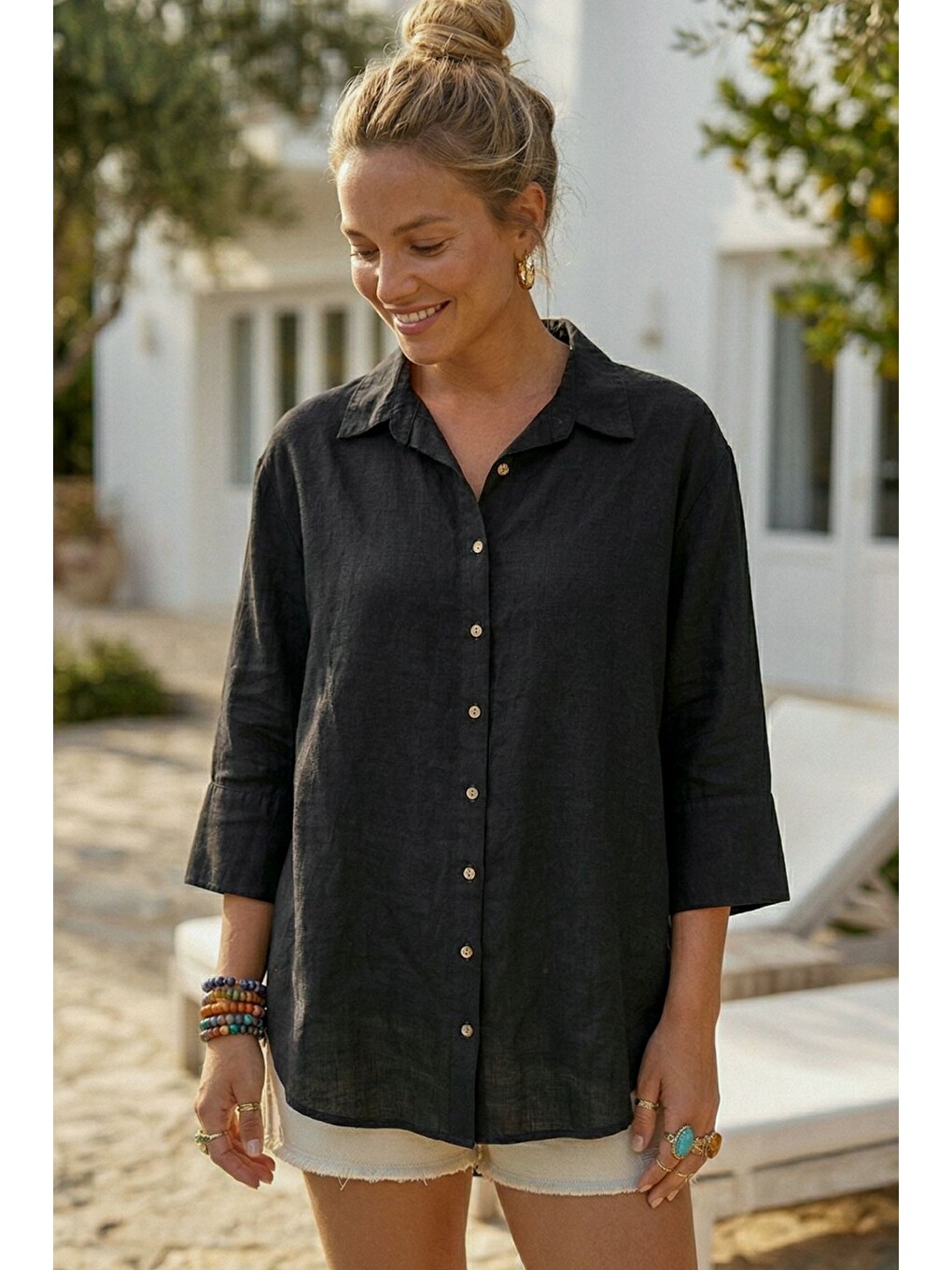 Siyah Gömlek Yaka 3/4 Kol Düğmeli Cepsiz Yıkamalı 100% Keten Oversize Dokuma Gömlek 75 63-3