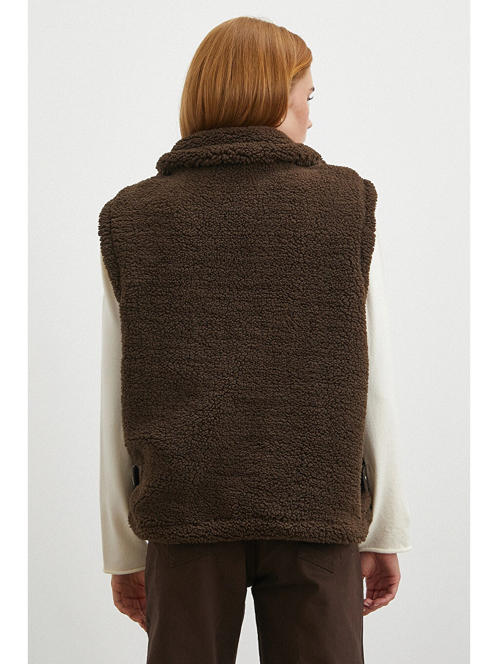 Karışık Yaka Detaylı Yumoş Yelek Kahve-5