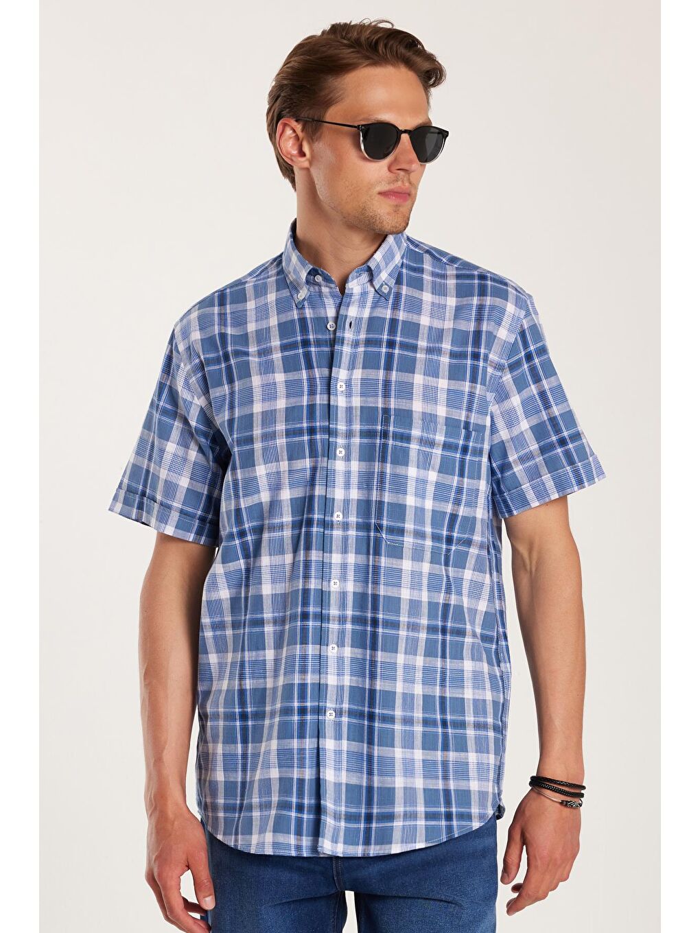 Karışık Erkek Regular Fit Klasik Kesim %100 Pamuk Keten Doku Cepli Kareli Kısa Kollu Düğmeli Yaka Gömlek-3