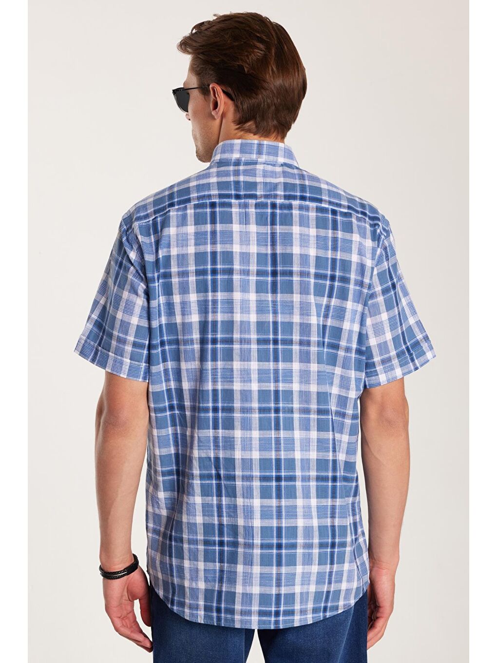 Karışık Erkek Regular Fit Klasik Kesim %100 Pamuk Keten Doku Cepli Kareli Kısa Kollu Düğmeli Yaka Gömlek-4