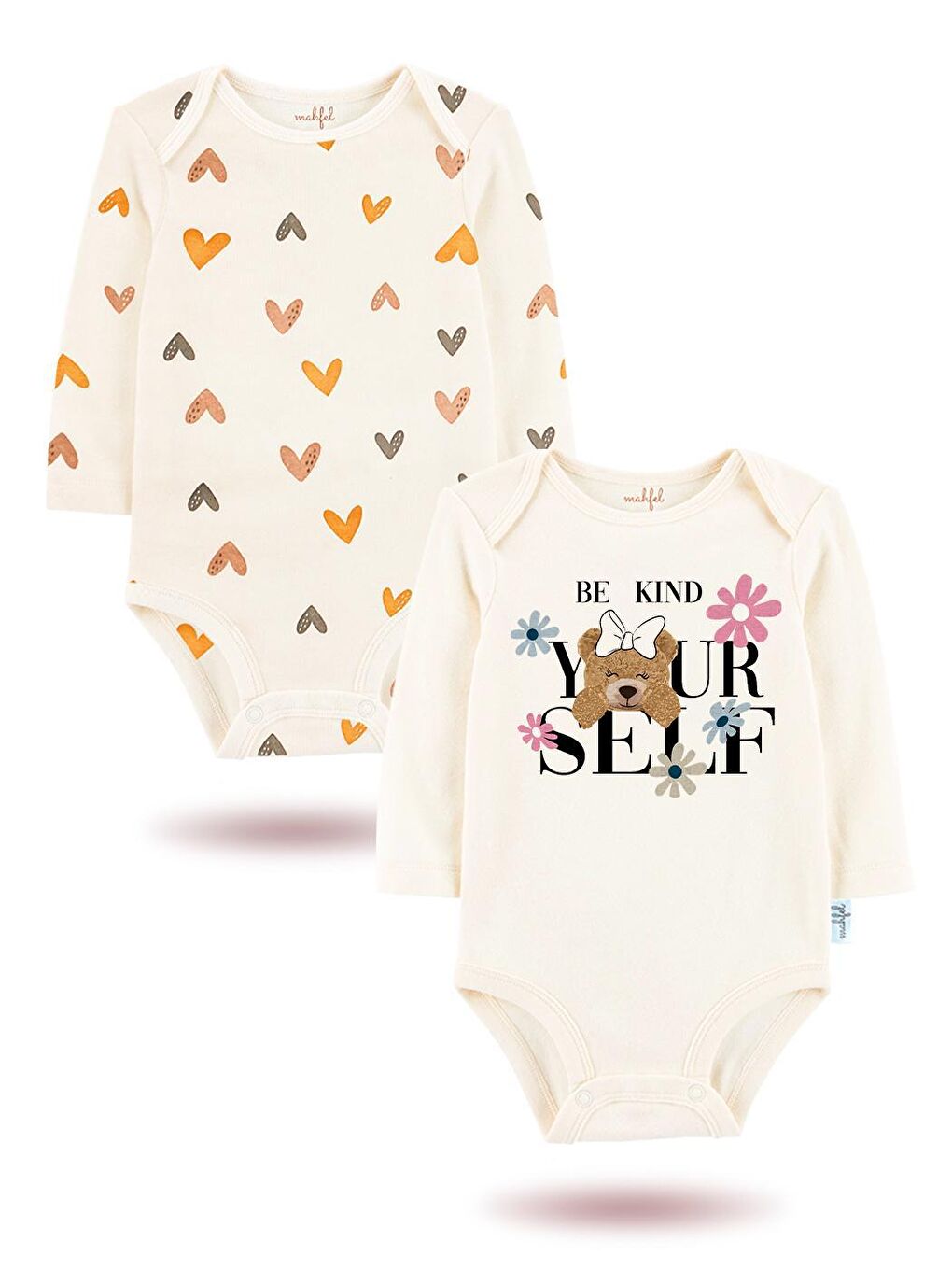 MAHFEL Ekru 2'Li " BE KIND YOURSELF "Baskılı Uzun Kollu Unisex Bebek Çıtçıtlı Body