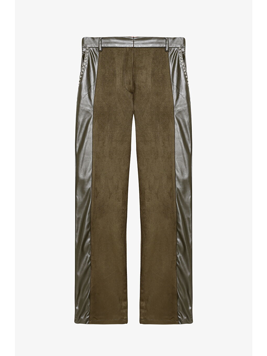 Deri Garnili Bol Paça Süet Pantolon Haki