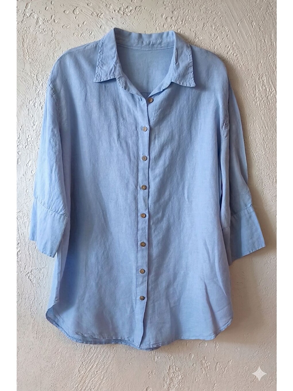 Mavi Gömlek Yaka 3/4 Kol Düğmeli Cepsiz Yıkamalı 100% Keten Oversize Dokuma Gömlek 75 63-1