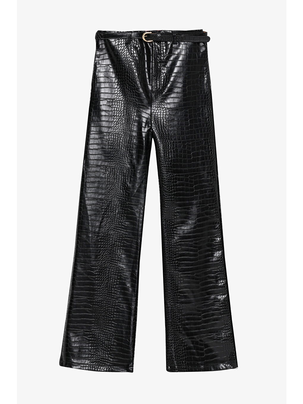 Kroko Desenli Bol Paça Deri Pantolon Siyah