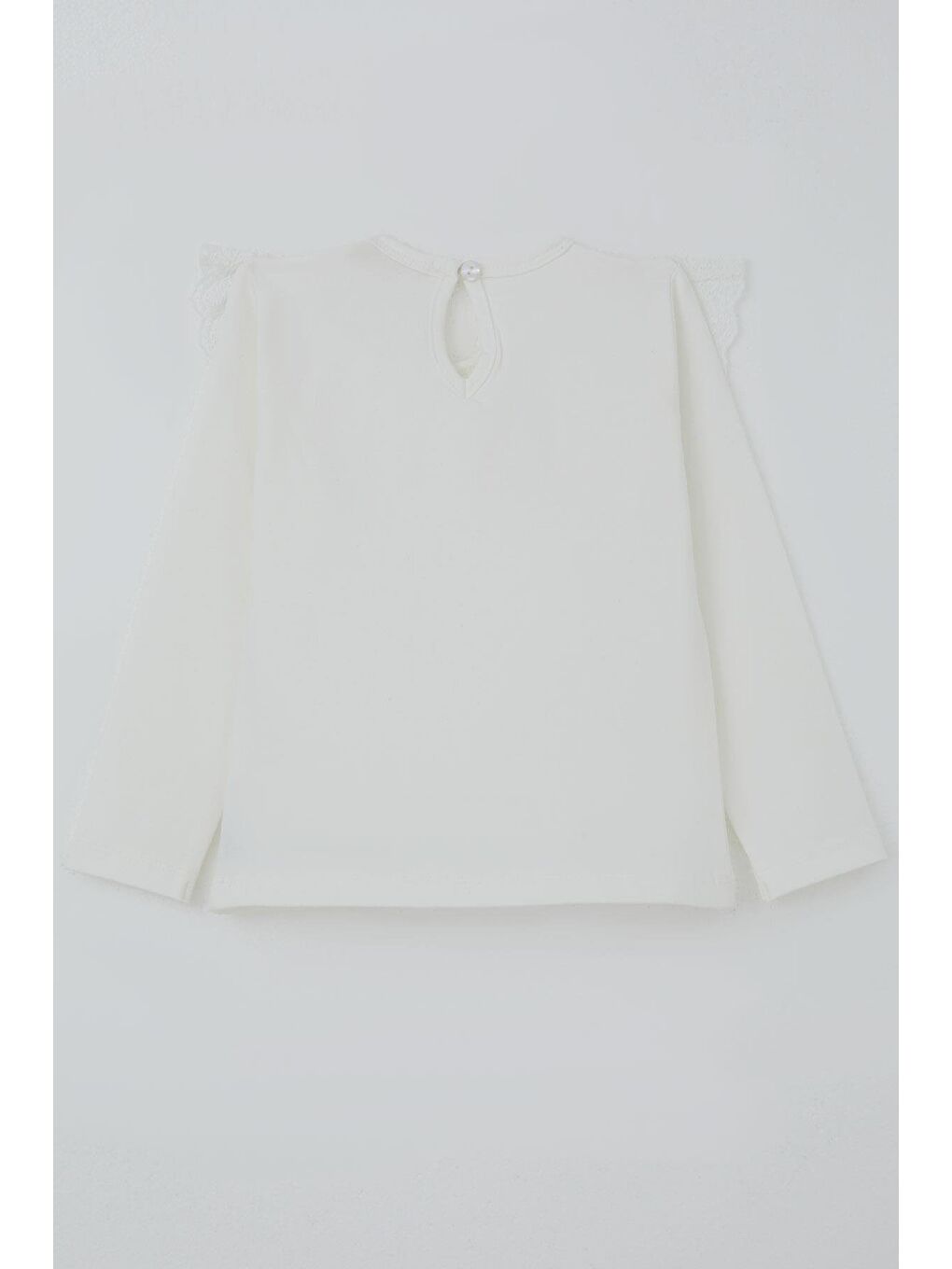 Kız Çocuk Uzun Kollu Tişört Yaka Kısmı Güpür Detaylı Nakışlı Ekru (2-6 Yaş)-3