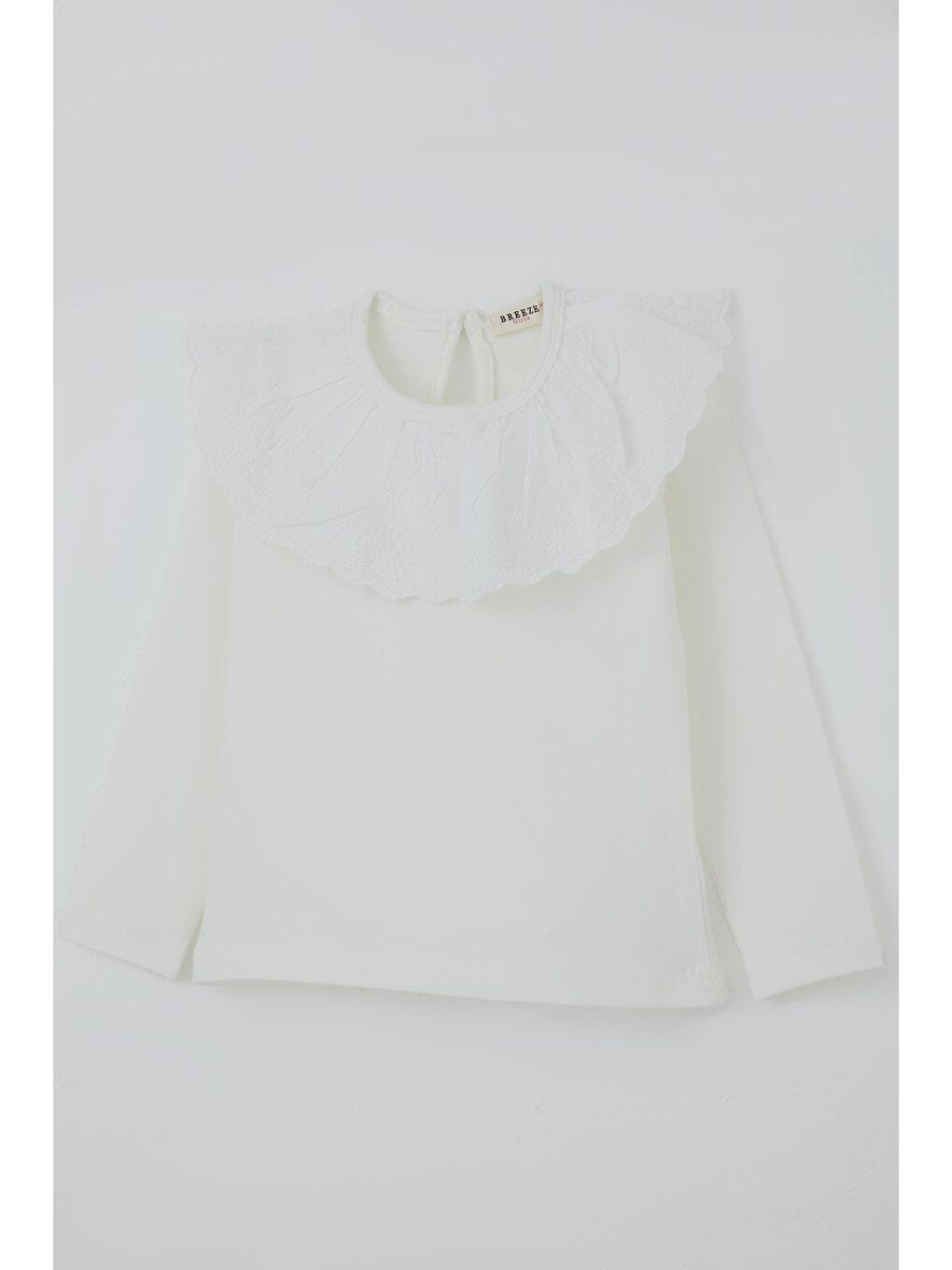 Kız Çocuk Uzun Kollu Tişört Yaka Kısmı Güpür Detaylı Nakışlı Ekru (2-6 Yaş)-4
