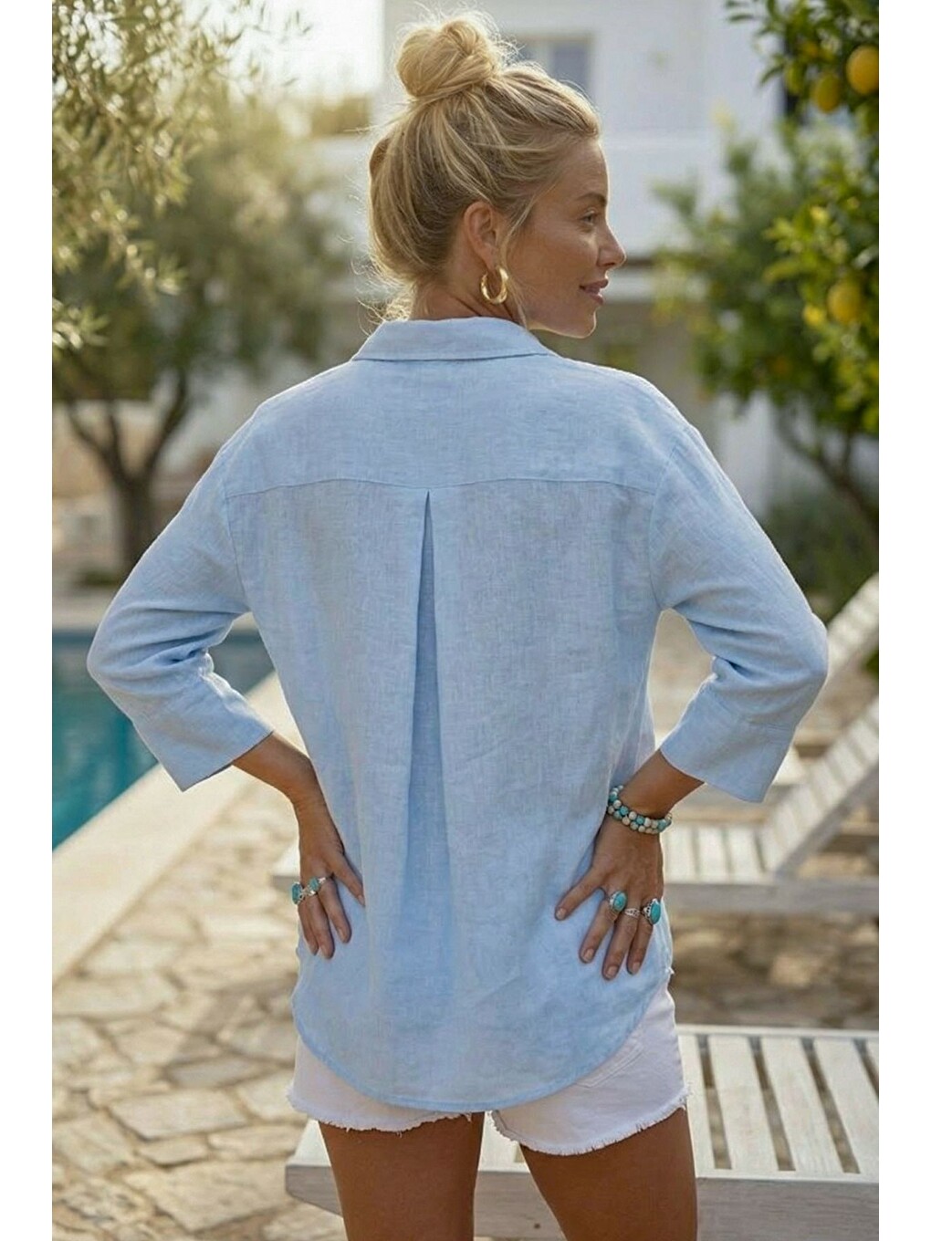 Mavi Gömlek Yaka 3/4 Kol Düğmeli Cepsiz Yıkamalı 100% Keten Oversize Dokuma Gömlek 75 63-6