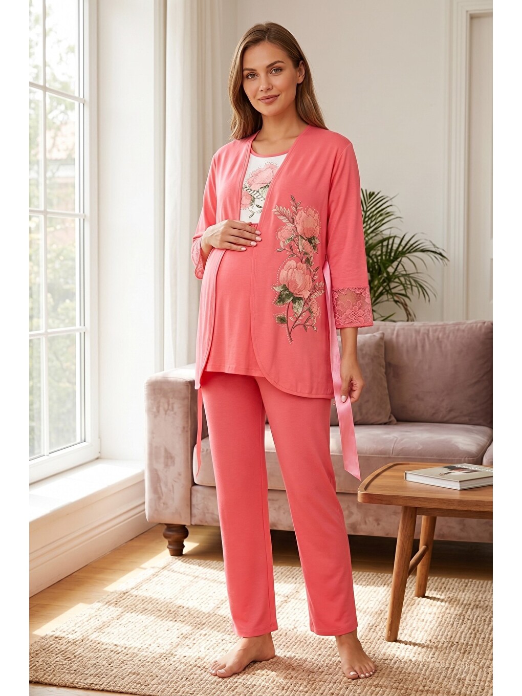 Pembe Rosette Çiçek Desenli Dantel Detaylı Sabahlıklı Hamile Ve Lohusa Pijama Takımı