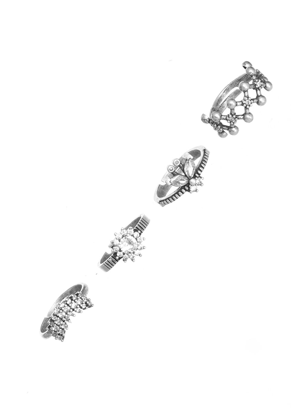 Gri Kadın Antik Gümüş Kaplama Ayarlanabilir 4'lü Zirkon Taşlı Eklem Yüzük Seti