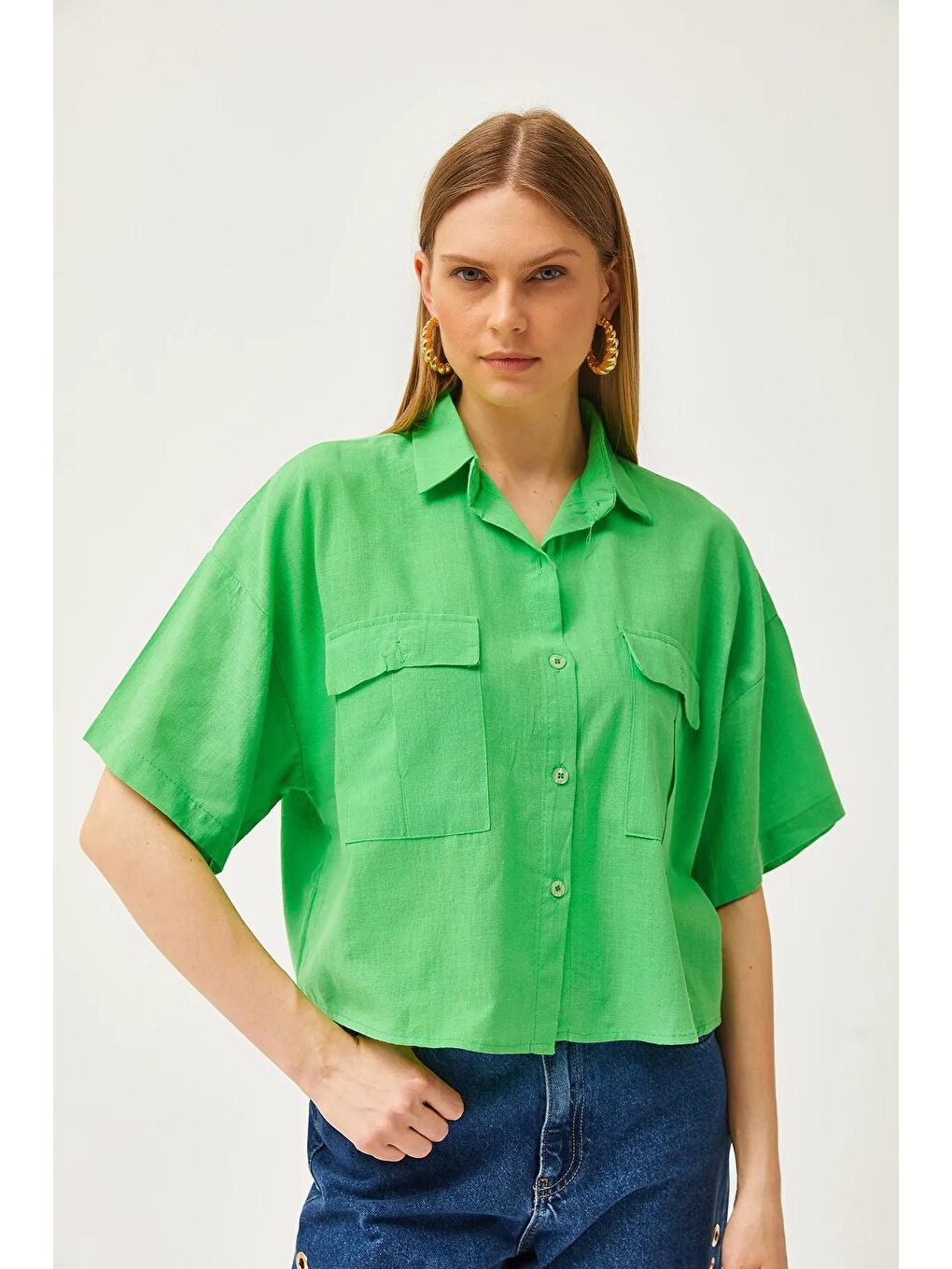 Yeşil Çift Cep Kısa Kol Keten Gömlek-1