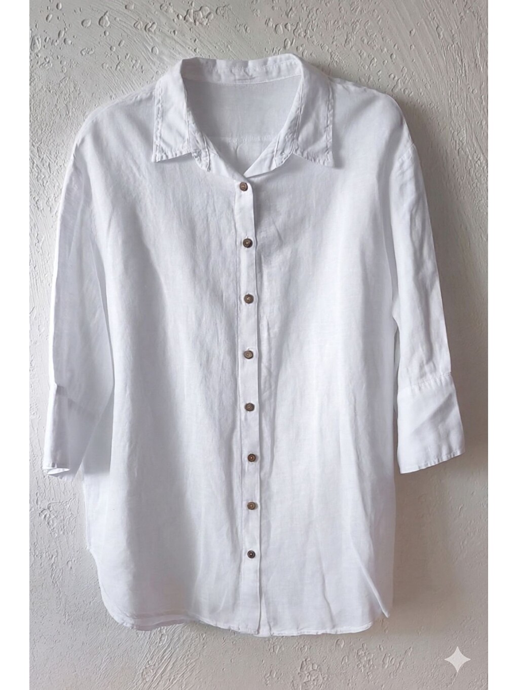Beyaz Gömlek Yaka 3/4 Kol Düğmeli Cepsiz Yıkamalı 100% Keten Oversize Dokuma Gömlek 75 63-1