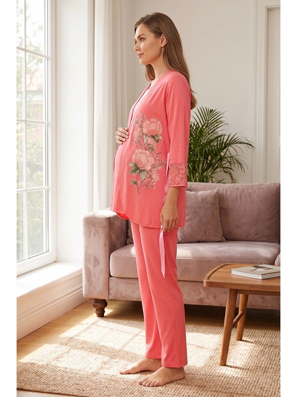 Pembe Rosette Çiçek Desenli Dantel Detaylı Sabahlıklı Hamile Ve Lohusa Pijama Takımı-1