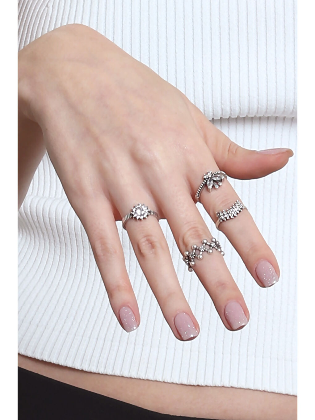 Gri Kadın Antik Gümüş Kaplama Ayarlanabilir 4'lü Zirkon Taşlı Eklem Yüzük Seti-2