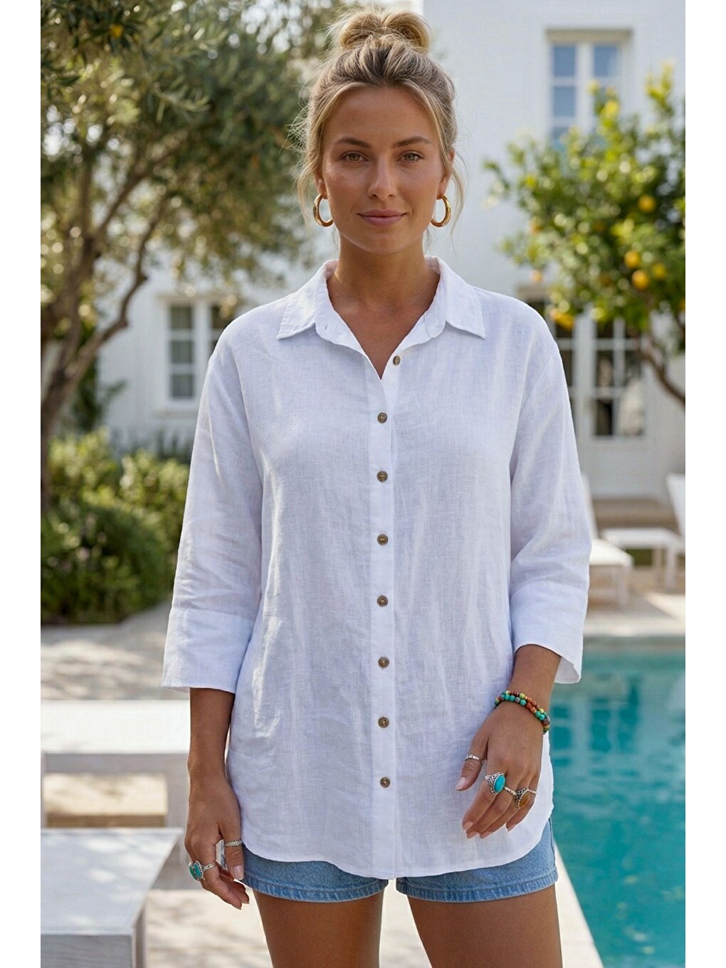 Beyaz Gömlek Yaka 3/4 Kol Düğmeli Cepsiz Yıkamalı 100% Keten Oversize Dokuma Gömlek 75 63-4