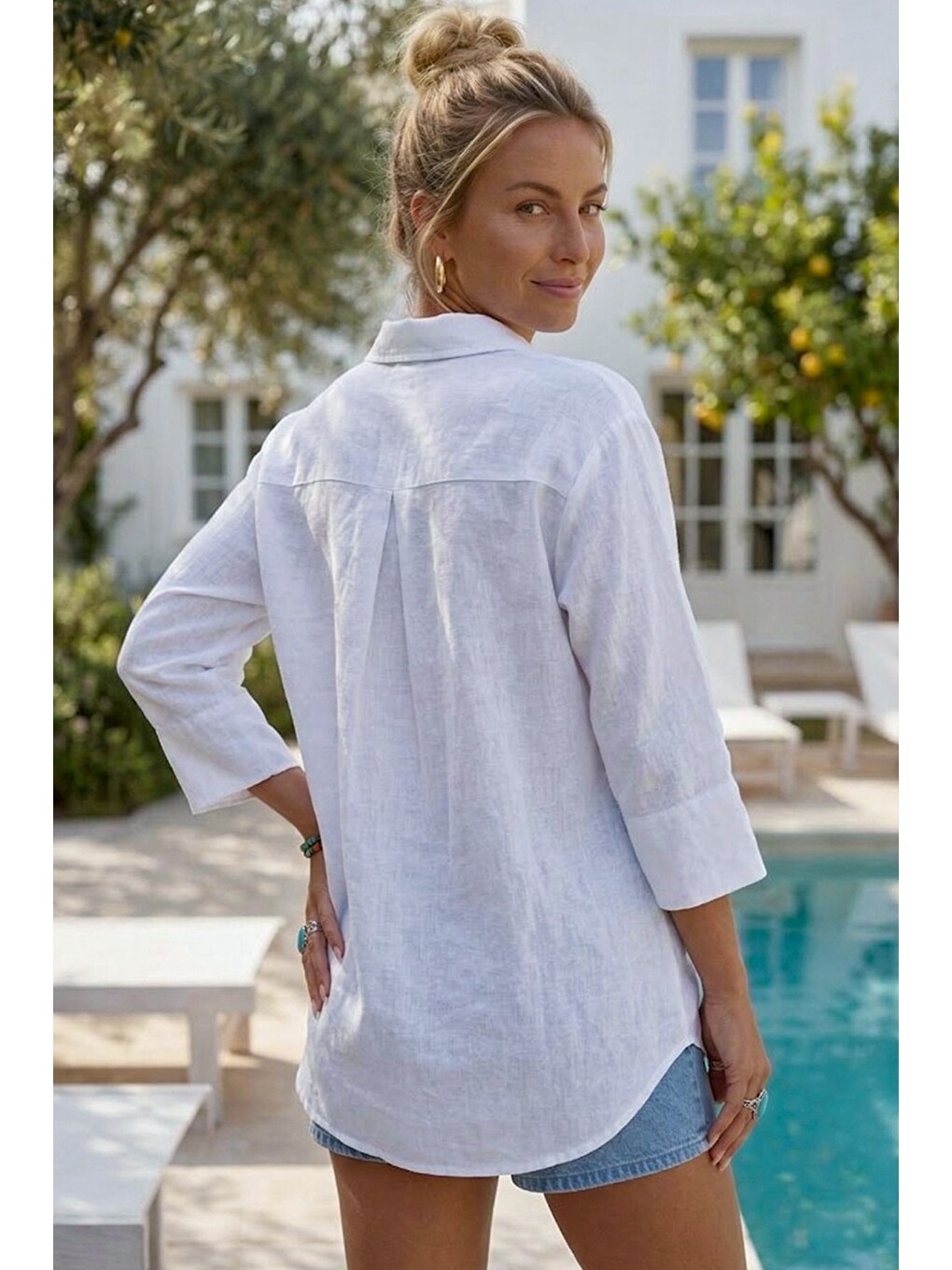 Beyaz Gömlek Yaka 3/4 Kol Düğmeli Cepsiz Yıkamalı 100% Keten Oversize Dokuma Gömlek 75 63-6