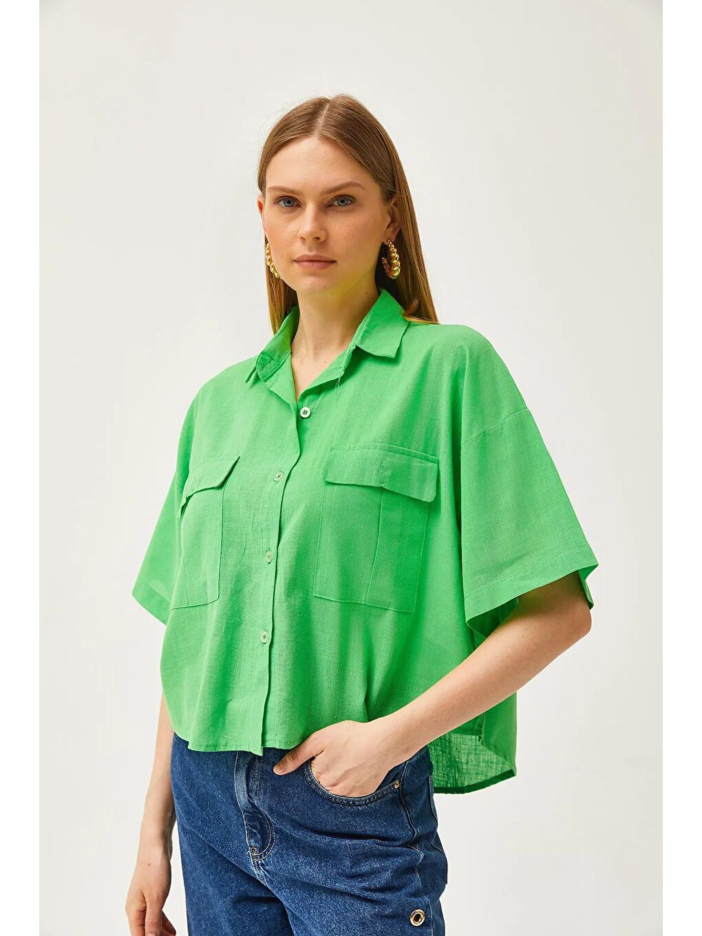 Yeşil Çift Cep Kısa Kol Keten Gömlek-2